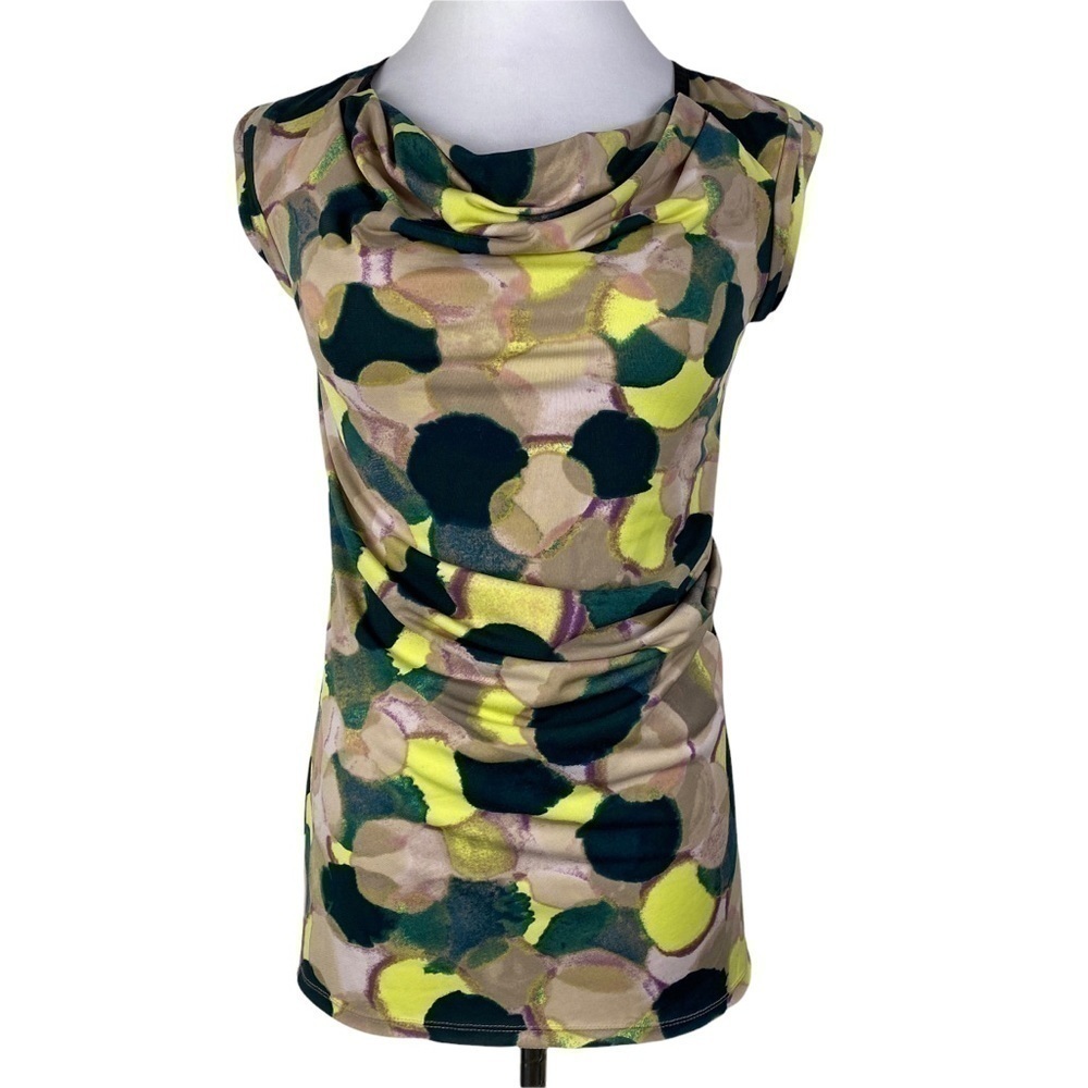 Simply Vera‎ Vera Wang Cowl Neck Ruching Blouse Women's XS Green Tan Abstract